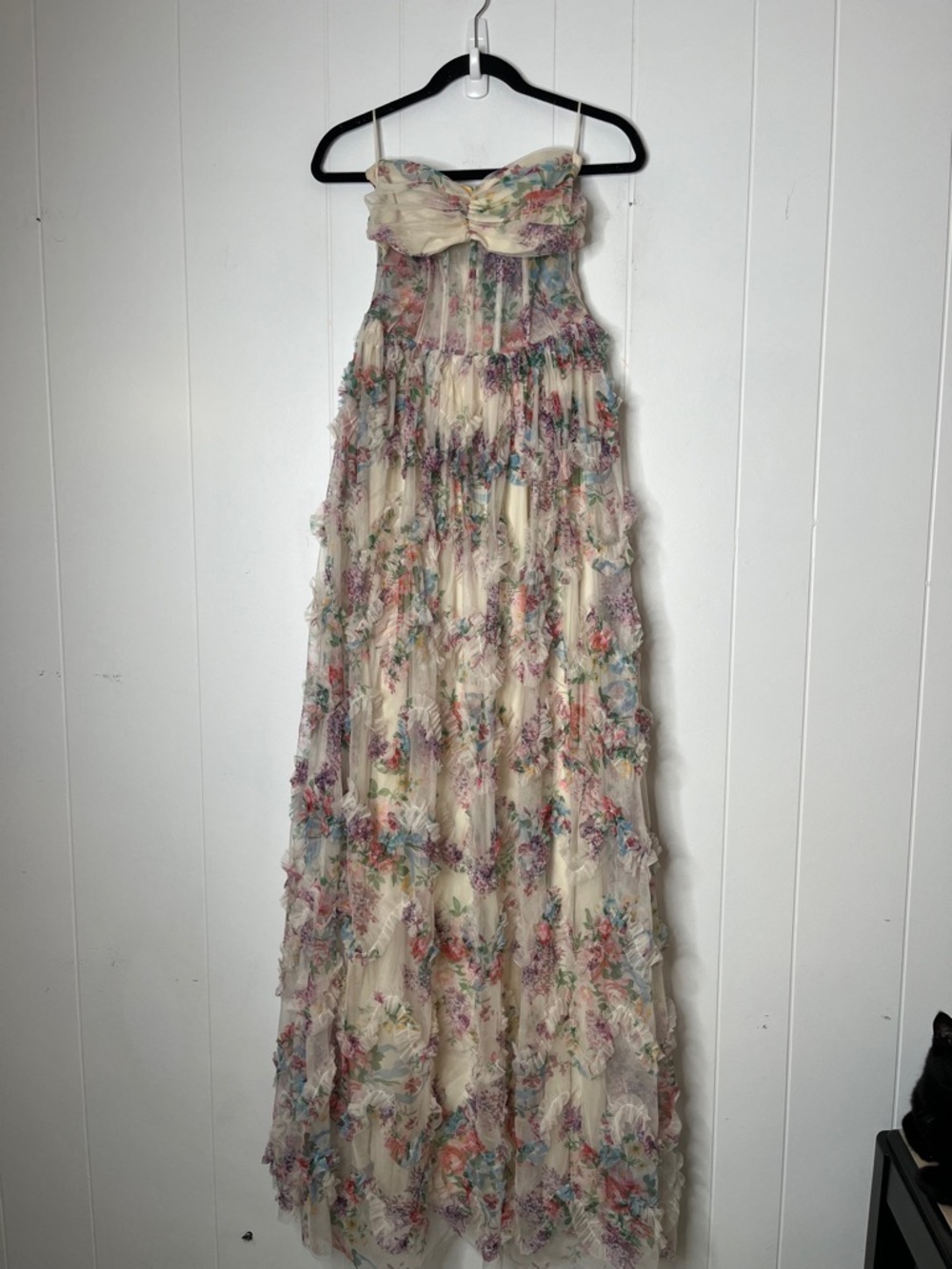 Faeriesty Sheer Floral Maxi Dress Cream and Pastels Strapless Ruffle Fairy S